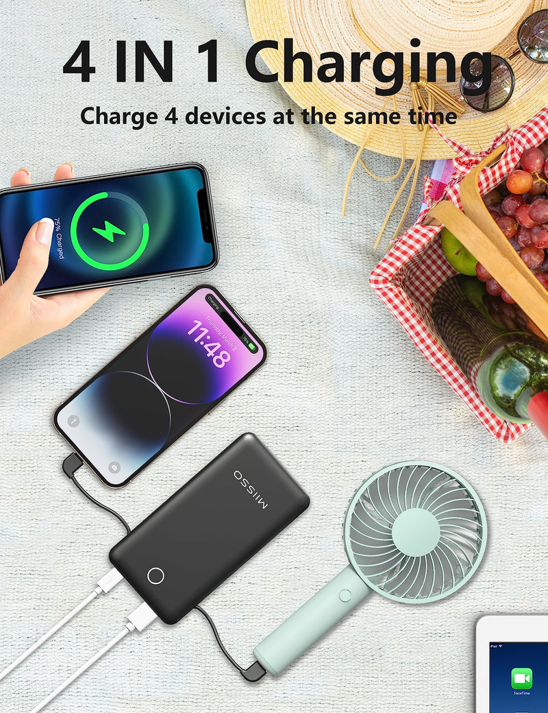 miisso 10000mah Slim Portable Charger with Built in Cable, Power Bank Travel Phone Charger External Battery Pack for Phones, 4 Output USB C Cords Clutch Charger Compatible with iPhone, Samsung, Black