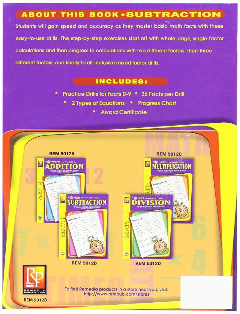 Remedia Publications REM5012B Subtraction Easy Timed Math Drills Book, 8.6" Wide, 11.4" Length, 0.3" Height
