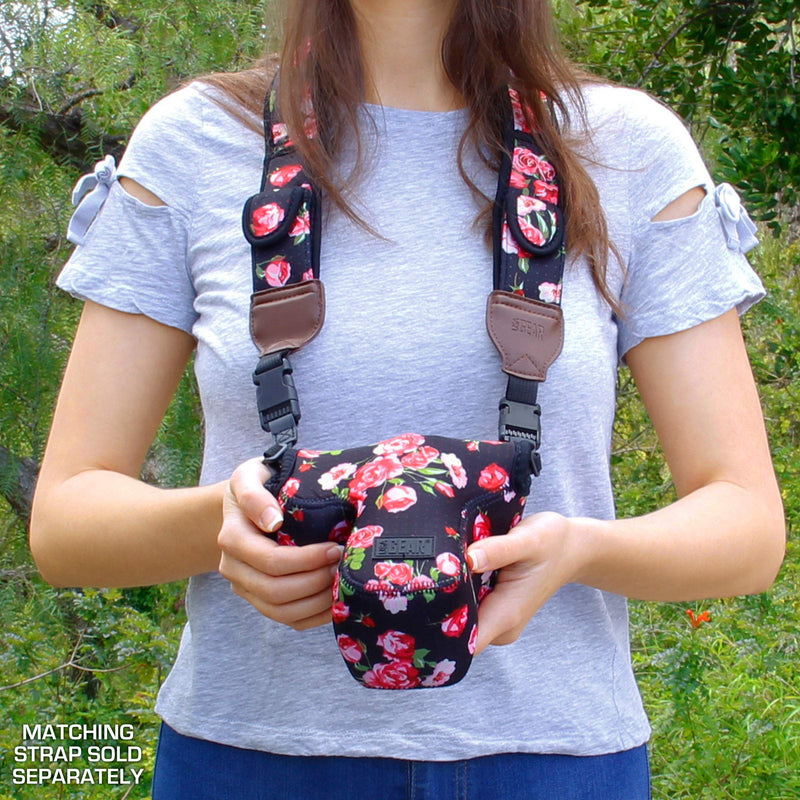 USA GEAR DSLR Camera Sleeve Case (Floral) with Neoprene Protection, Holster Belt Loop and Accessory Storage - Compatible with Nikon D3100, Canon EOS Rebel SL2, Pentax K-70 and Many More Floral