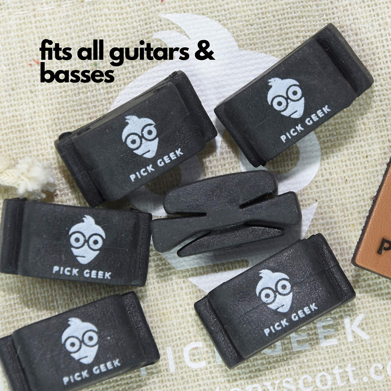 Pick Geek Wedgie Pick Holder Set | 6 x Wedgie Pick Holders | Fits Electric, Acoustic and Bass Guitars | Gifted in a Unique Pick Geek Linen Plectrum Bag | Includes a FREE Pick Geek Steel Pick
