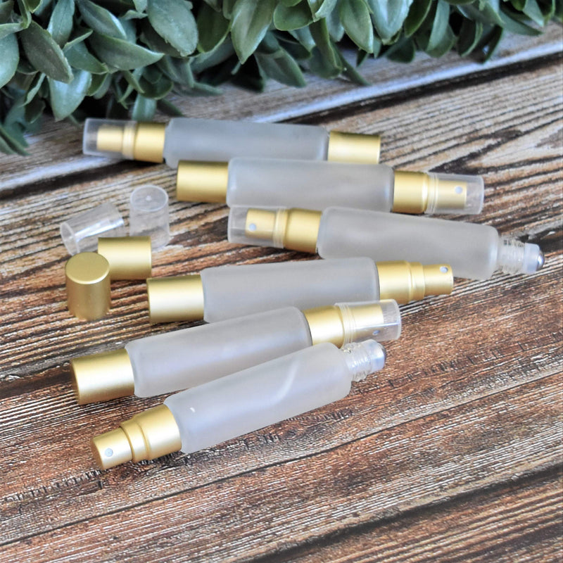 Essential Oil Roller-Sprayer Duo Bottles - Double Ended Stainless Steel Roller Ball / Fine Mist Sprayer, 10ml Frosted Clear Glass, Leak Proof, Smooth Application of Oils, 6 pack - Sold by Holistic Oils