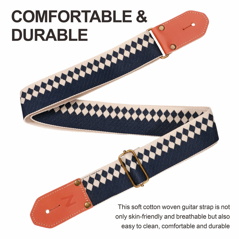 [AUSTRALIA] - Nefelibata Cool Woven Guitar Strap - Cotton Guitar Straps with Thicked First Layer Vegetable Tanned Cowhide Leather Ends for Acoustic, Bass, Electric, Best Gift for Your Love Guitarists (Diamond Blue) Diamond Blue 