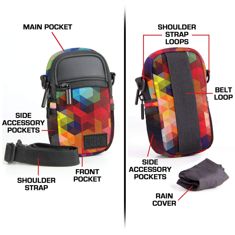 USA GEAR Compact Camera Case Point and Shoot Camera Bag with Accessory Pockets, Rain Cover and Shoulder Strap - Compatible with Sony CyberShot, Canon PowerShot ELPH, Nikon COOLPIX and More (Geometric) Geometric and Black