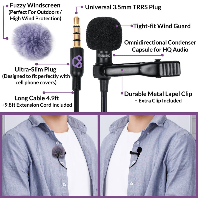 Purple Panda Lavalier Lapel Microphone Kit - Clip-on Omnidirectional Condenser Lav Mic Compatible with iPhone, iPad, GoPro, DSLR, Zoom/Tascam Recorder, Samsung, Android, PS4