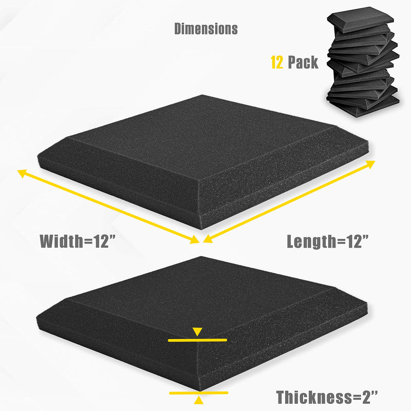 12 Pack - Acoustic Foam Panels, 2" X 12" X 12" 3D Beveled Square Studio Wedge Tiles, Sound Panels wedges Soundproof Sound Insulation Absorber 12 Pack [Beveled Square] Black
