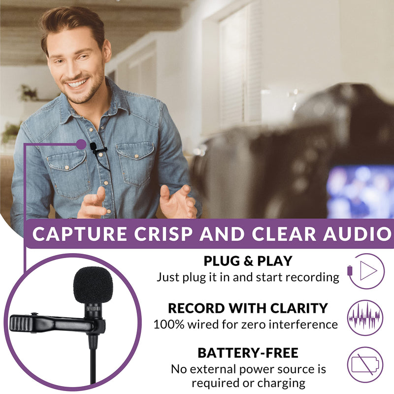 Purple Panda Lavalier Lapel Microphone Kit - Clip-on Omnidirectional Condenser Lav Mic Compatible with iPhone, iPad, GoPro, DSLR, Zoom/Tascam Recorder, Samsung, Android, PS4