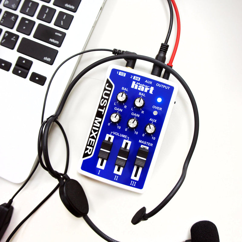 JUST MIXER Audio Mixer - Battery/USB Powered Portable Pocket Audio Mixer w/ 3 Stereo Channels (3.5mm) Plus On/Off Switch Blue