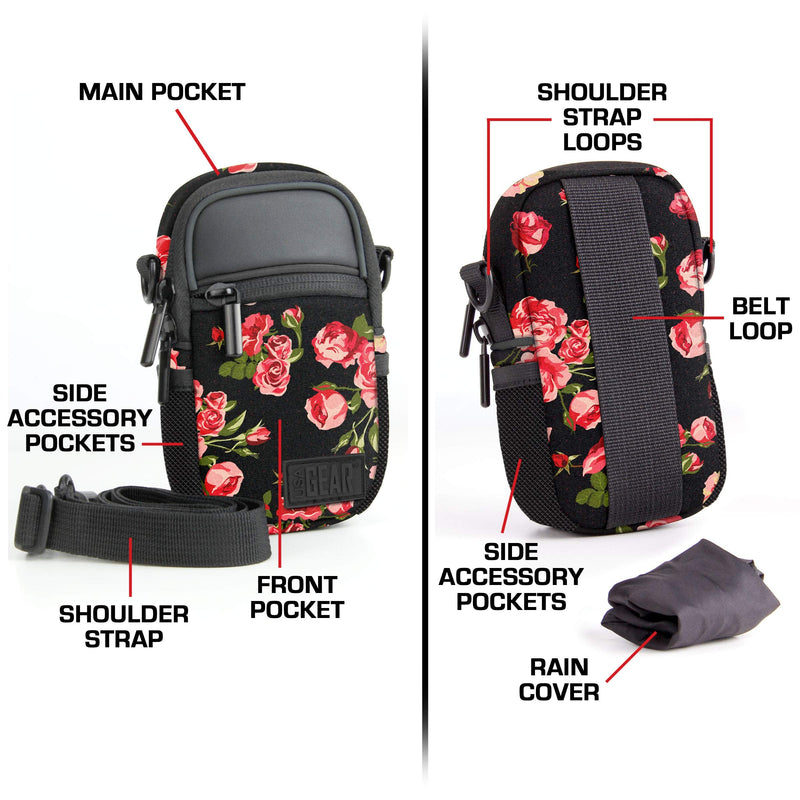USA GEAR Compact Camera Case Point and Shoot Camera Bag with Accessory Pockets, Rain Cover and Shoulder Strap - Compatible with Sony CyberShot, Canon PowerShot ELPH, Nikon COOLPIX and More (Floral) Floral and Black