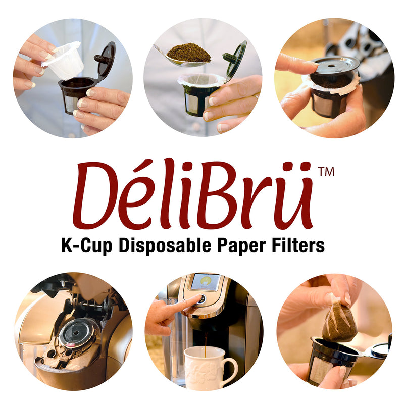 K Cup Filters - Pack of 100 - Fits With All Reusable Coffee Pods - Compostable and Disposable Coffee Filters for Keurig Single Cup by Delibru