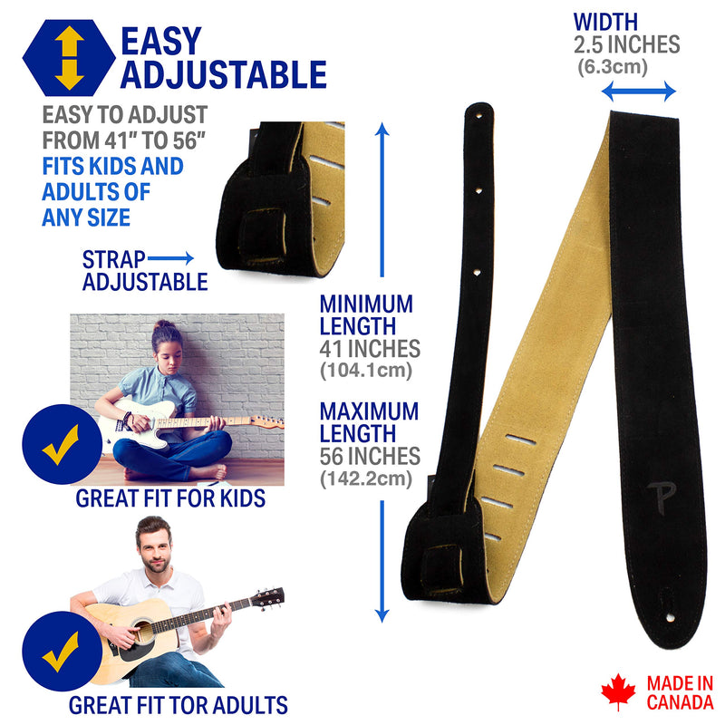 Perri’s Leathers Ltd. - Guitar Strap - Suede - Black - Adjustable - For Acoustic/Bass/Electric Guitar - Made in Canada (BBS-202)