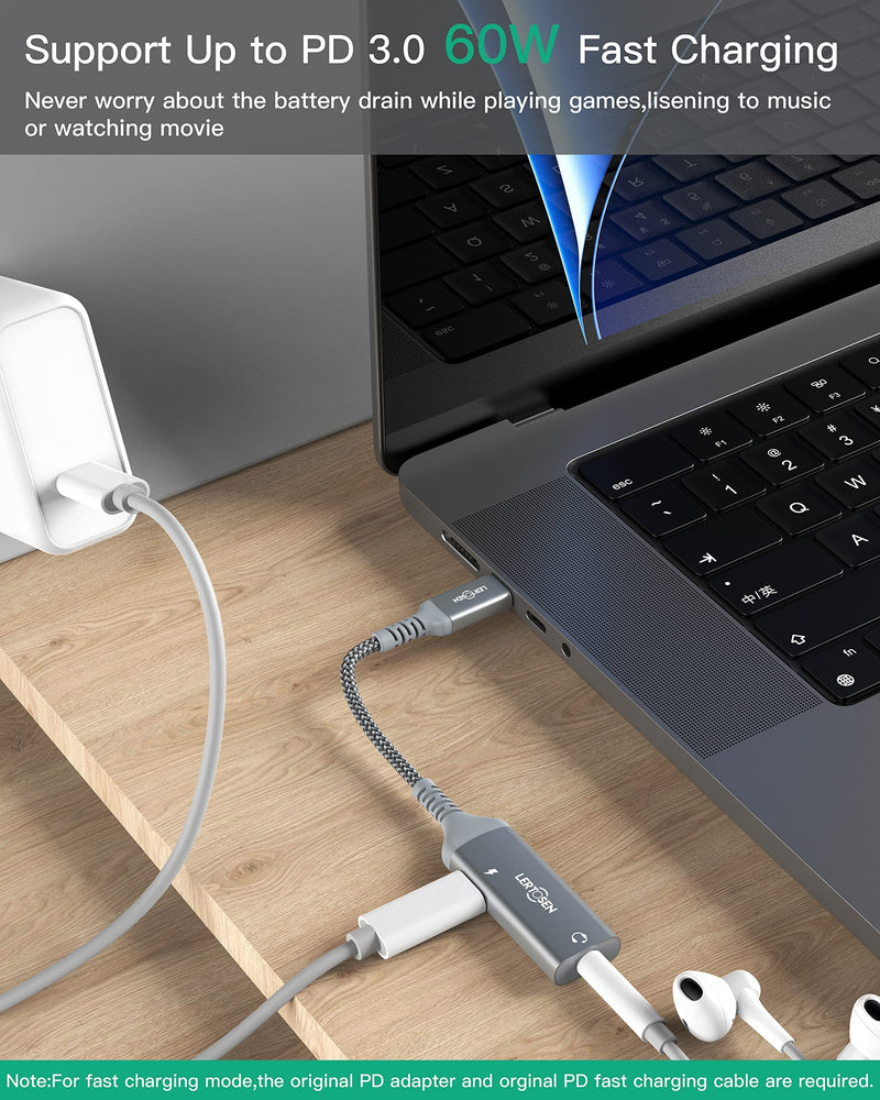 USB Type C to 3.5mm Headphone and Charger Adapter,LERTOSEN 2-in-1 USB C to Aux Audio Adapter Jack Splitter with PD 60W Fast Charging Dongle for Galaxy S22/S21/S20/Note 20/10,Pixel 4/3/2/XL,iPad Pro