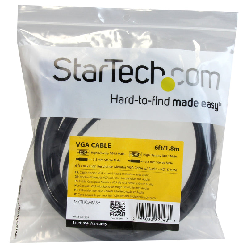 StarTech.com 6 ft. (1.8 m) VGA Cable with Audio - HD15 VGA with Audio - Coaxial High Resolution - Male/Male - VGA Monitor Cable (MXTHQMM6A)