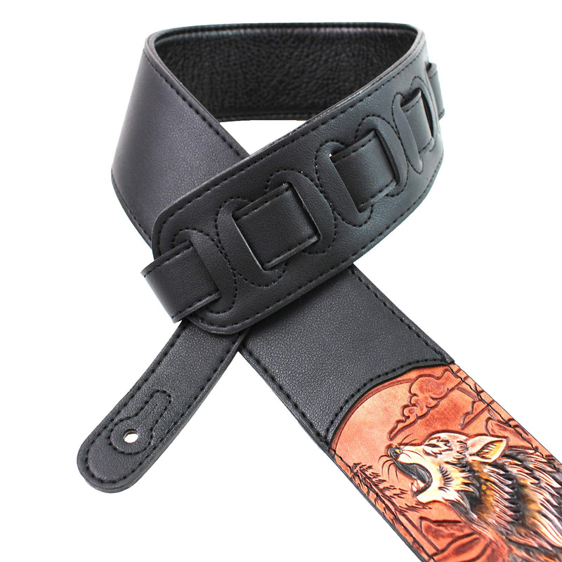 Walker & Williams CVG-WL-R Hand Carved Brick Red & Brown Howling Timber Wolf On Black Leather Strap