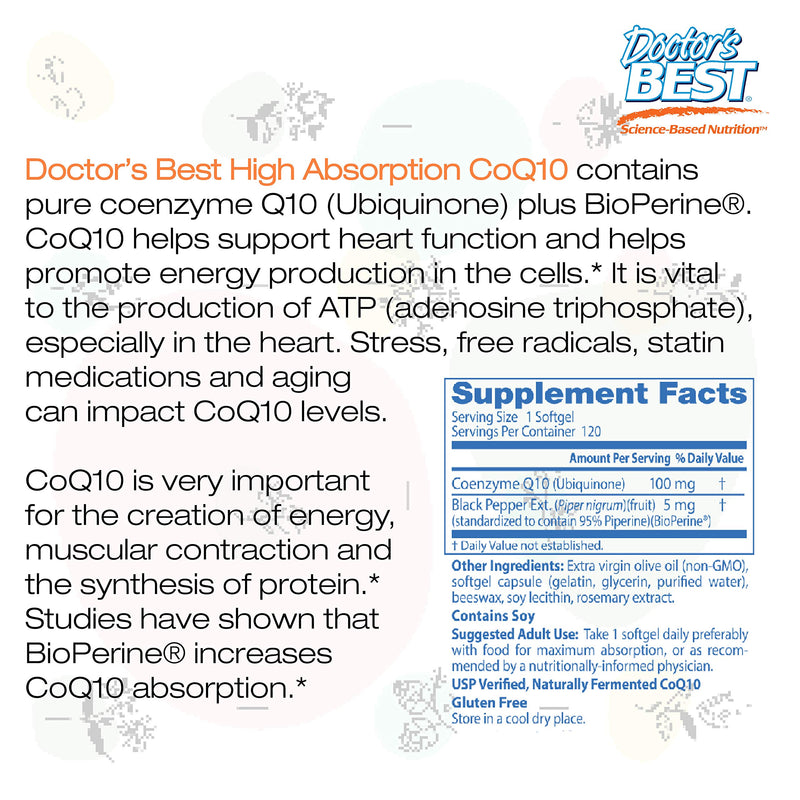 Doctor's Best High Absorption CoQ10 with BioPerine, Gluten Free, Naturally Fermented, Heart Health, Energy Production, 100 mg, 120 Count 120 Count (Pack of 1)
