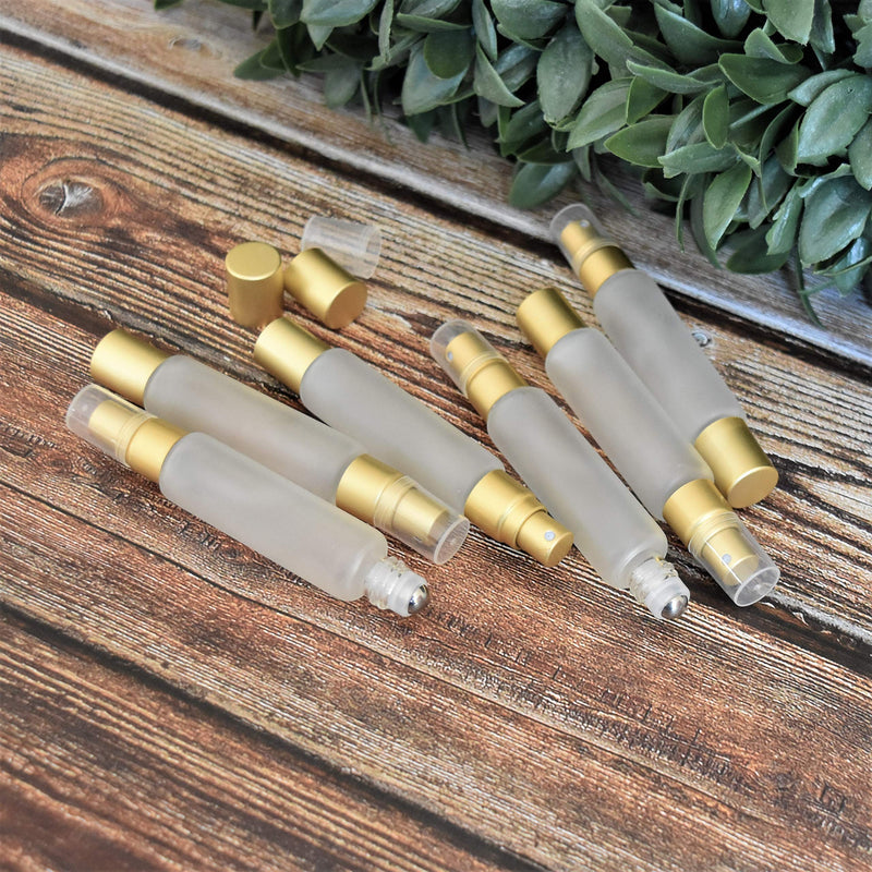 Essential Oil Roller-Sprayer Duo Bottles - Double Ended Stainless Steel Roller Ball / Fine Mist Sprayer, 10ml Frosted Clear Glass, Leak Proof, Smooth Application of Oils, 6 pack - Sold by Holistic Oils