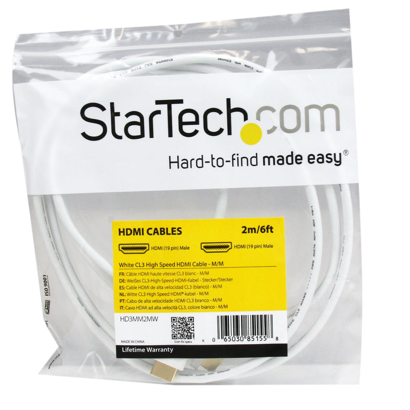 StarTech.com 2m (6 ft) White CL3 In-wall High Speed HDMI Cable - Ultra HD 4k x 2k HDMI Cable - HDMI to HDMI M/M - Audio/Video, Gold-Plated (HD3MM2MW) 2m / 6.6ft CL3 Rated