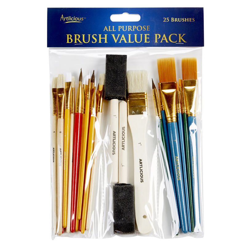 Artlicious - 25 All Purpose Paint Brush Value Pack - Great with Acrylic, Oil, Watercolor, Gouache