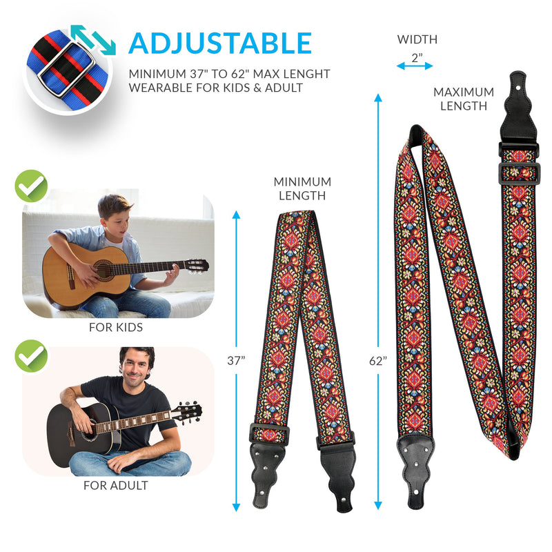 Guitar Strap Embroidered Red Vintage Woven W/FREE BONUS- 2 Picks + Strap Locks + Strap Button. Stocking Stuffer For Bass, Electric & Acoustic Guitars Best Christmas Gift for Men & Women Guitarists Red Woven