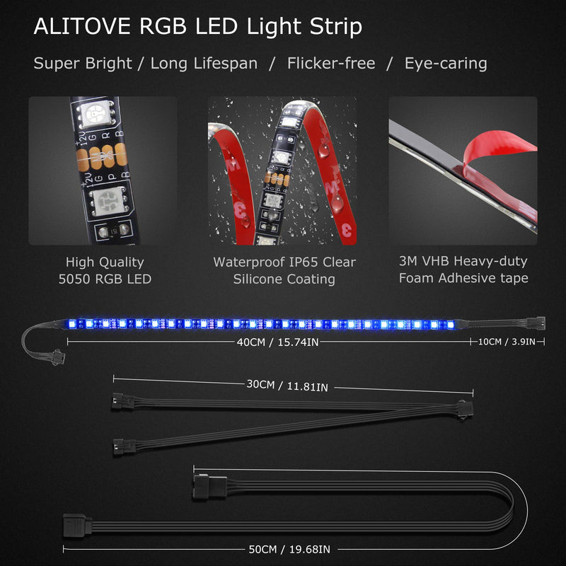 [AUSTRALIA] - ALITOVE PC RGB LED Strip Light for Motherboard with 4 Pin RGB Header (+12V,G,R,B) , Computer Case DIY Lighting for ASUS Aura Sync, Gigabyte RGB Fusion, MSI Mystic Light, ASRock RGB, 40cm 24 LED, 4pcs 