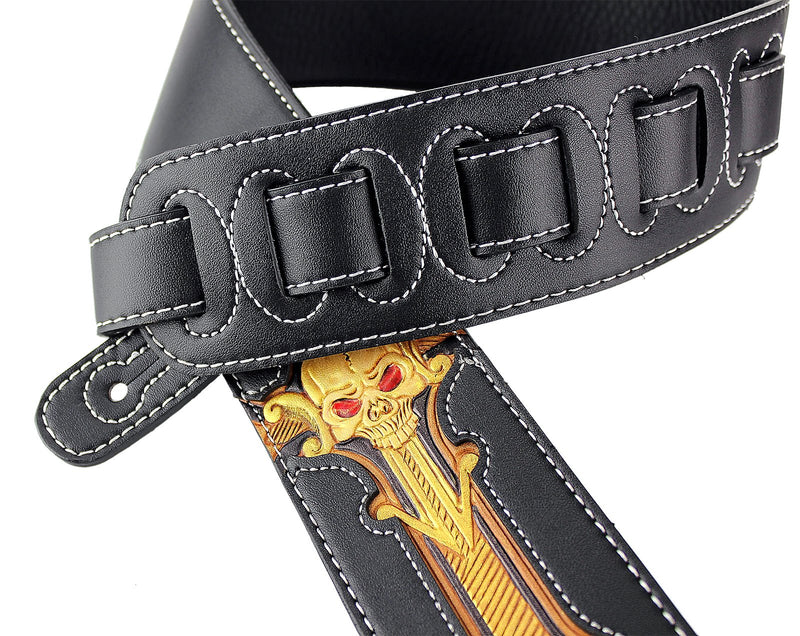 Walker & Williams CVG-24 Black & Gold Guitar Strap Hand Tooled Skull Design