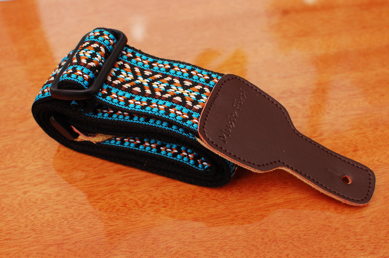 MUSIC FIRST Original Design, 2 inch width (5cm), Colorful Meshbelt & Genuine Leather Delux Banjo Strap, With 2 pieces of MUSIC FIRST Leather Strap Locker. (Blue Country Style) Blue Country Style