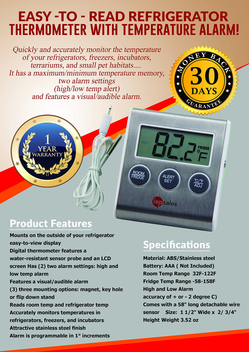 Easy to Read: Refrigerator Freezer Thermometer Alarm, High & Low Temperature Alarms Settings