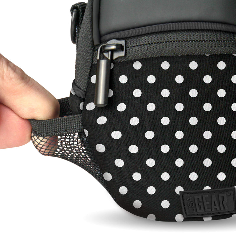 USA GEAR Compact Camera Case (Polka Dot) Point and Shoot Camera Bag with Accessory Pockets, Rain Cover and Shoulder Strap-Compatible with Sony CyberShot, Canon PowerShot ELPH, Nikon COOLPIX and More Polka Dot