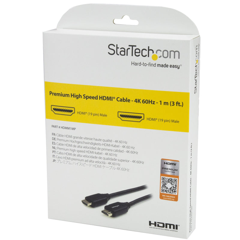 StarTech.com 1m 3 ft Premium High Speed HDMI Cable with Ethernet - 4K 60Hz - Premium Certified HDMI Cable - HDMI 2.0-30AWG (HDMM1MP)