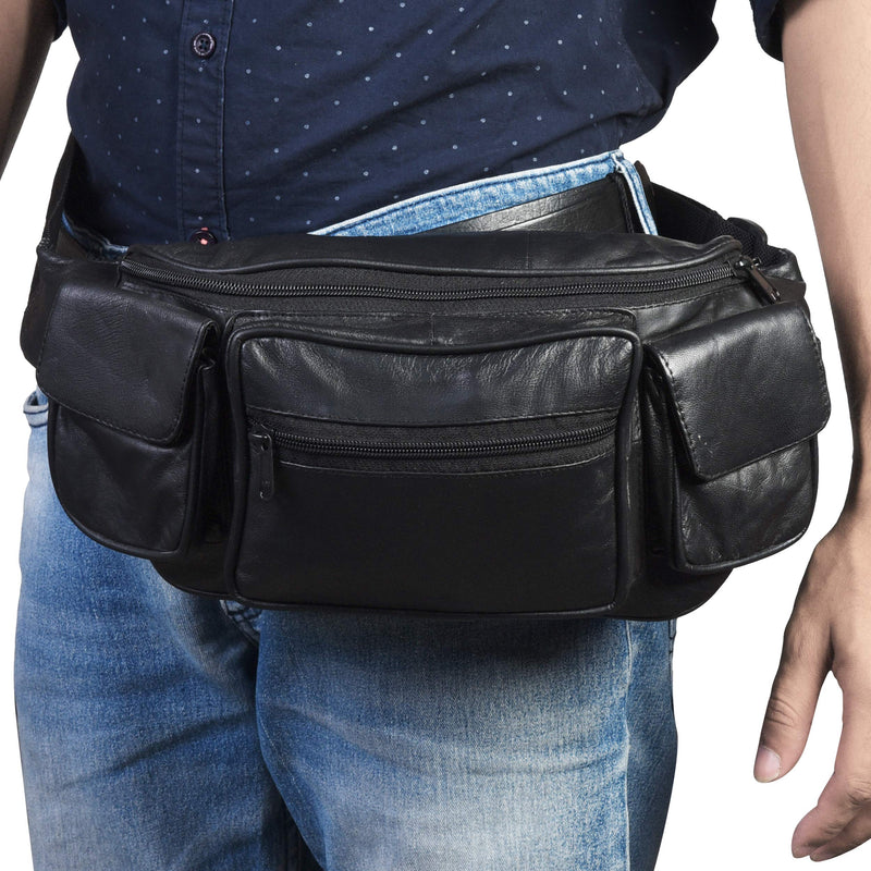 Leatherboss Genuine Leather Jumbo Fanny Pack pouch with side valcro Pockets for men women, Black