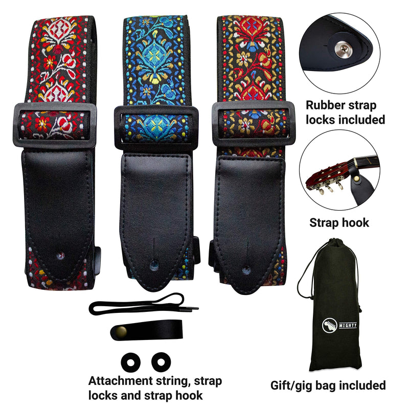 Guitar Strap Vintage Woven Jacquard With Strap Locks And Strap Button. For Bass, Electric & Acoustic Guitars. Guitarist Gift By Mighty (Firebird) Firebird