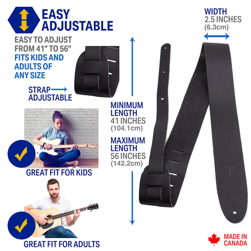 Perri’s Leathers Ltd.- Guitar Strap– Basic Leather- Adjustable- for Acoustic/Bass/Electric Guitars Black 2.5"