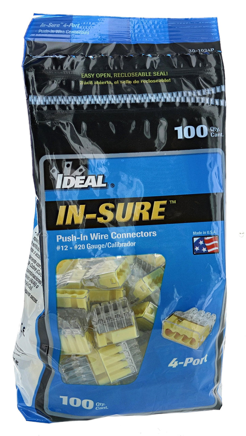 Ideal In-Sure 30-1034P 34 Yellow Non-Twist 4 Port Connector for Solid, Stranded, and Tin Bonded Wire (100 Pack)