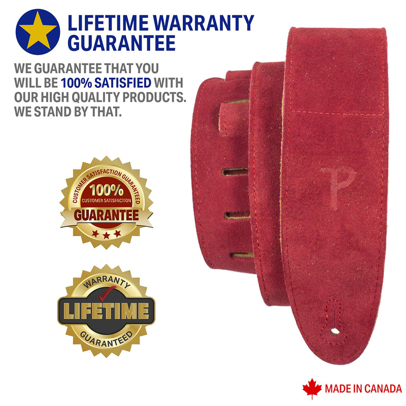 Perri’s Leathers Ltd. - Guitar Strap - Suede - Sheepskin Pad - Red - Adjustable - For Acoustic / Bass / Electric Guitars - Made in Canada (DL325S-203)