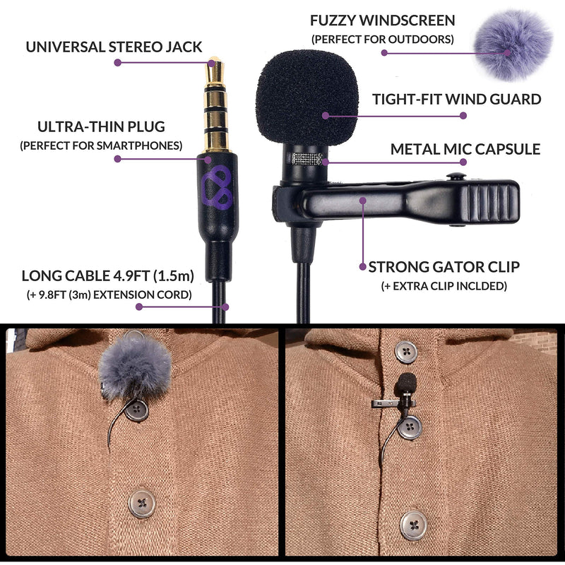 Purple Panda Lavalier Lapel Microphone Kit - Clip-on Omnidirectional Condenser Lav Mic Compatible with iPhone, iPad, GoPro, DSLR, Camcorder, Zoom/Tascam Recorder, Android, Smartphone, PS4