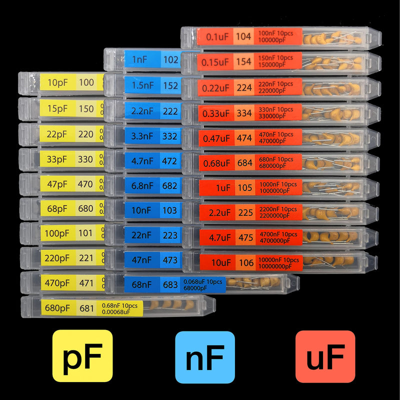 EEEEE 30 Value 300 pcs Multilayer Monolithic Ceramic Capacitor Assortment kit 10pf－10uF Individual Box Lid pf nf uf (300 pcs)