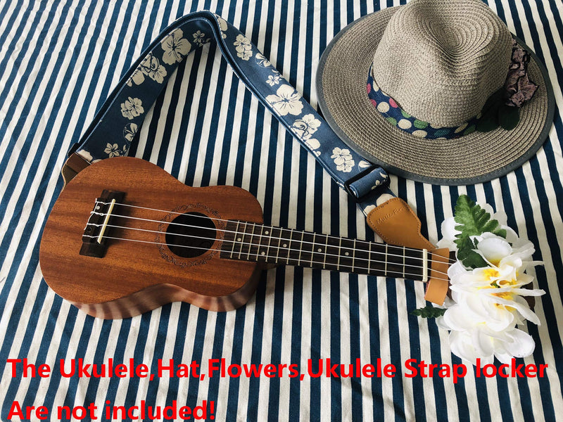 MUSIC FIRST Original Design, 2 inch width (5cm), Hawaii Style “Blue and White Plumeria” Soft Cotton & Genuine Leather Delux Guitar Strap, Ukulele Strap, Mandolin Strap, Salute ELVIS