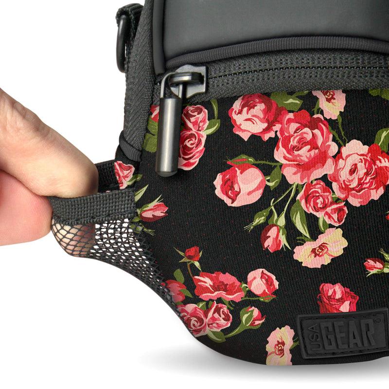 USA GEAR Compact Camera Case Point and Shoot Camera Bag with Accessory Pockets, Rain Cover and Shoulder Strap - Compatible with Sony CyberShot, Canon PowerShot ELPH, Nikon COOLPIX and More (Floral) Floral and Black
