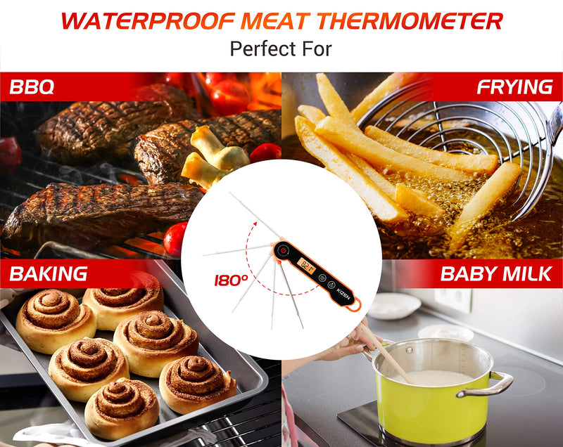 Kizen Digital Meat Thermometers for Cooking - Waterproof Instant Read Food Thermometer for Meat, Deep Frying, Baking, Outdoor Cooking, Grilling, & BBQ (Orange/Black)