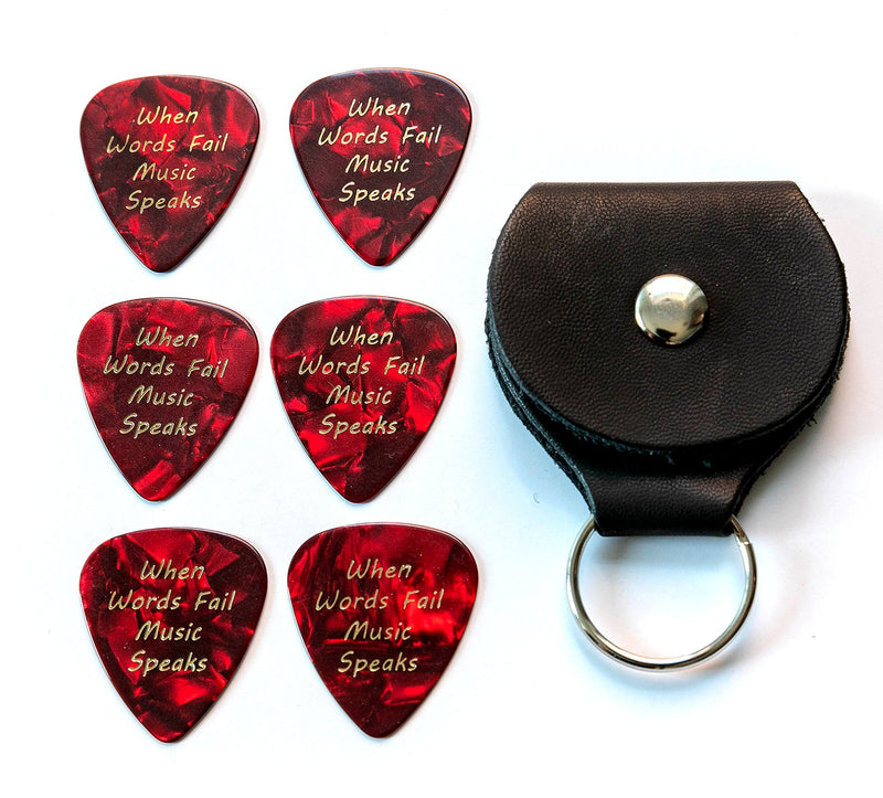 When Words Fail Music Speaks 6 Guitar Picks With Leather Plectrum Holder Keyring