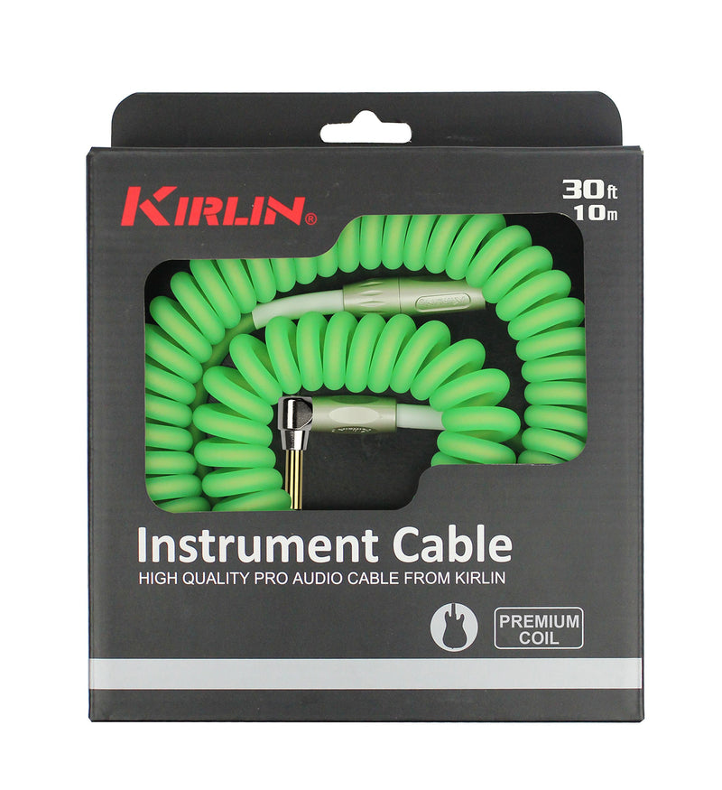 [AUSTRALIA] - KIRLIN Cable Kirlin IMK-202PFGL-30/GRF-Straight to Right Angle ¼” Premium Coil Instrument Cable, Green Translucent PVC Jacket-30ft, (IMK-202PFGL-30/GRF) 