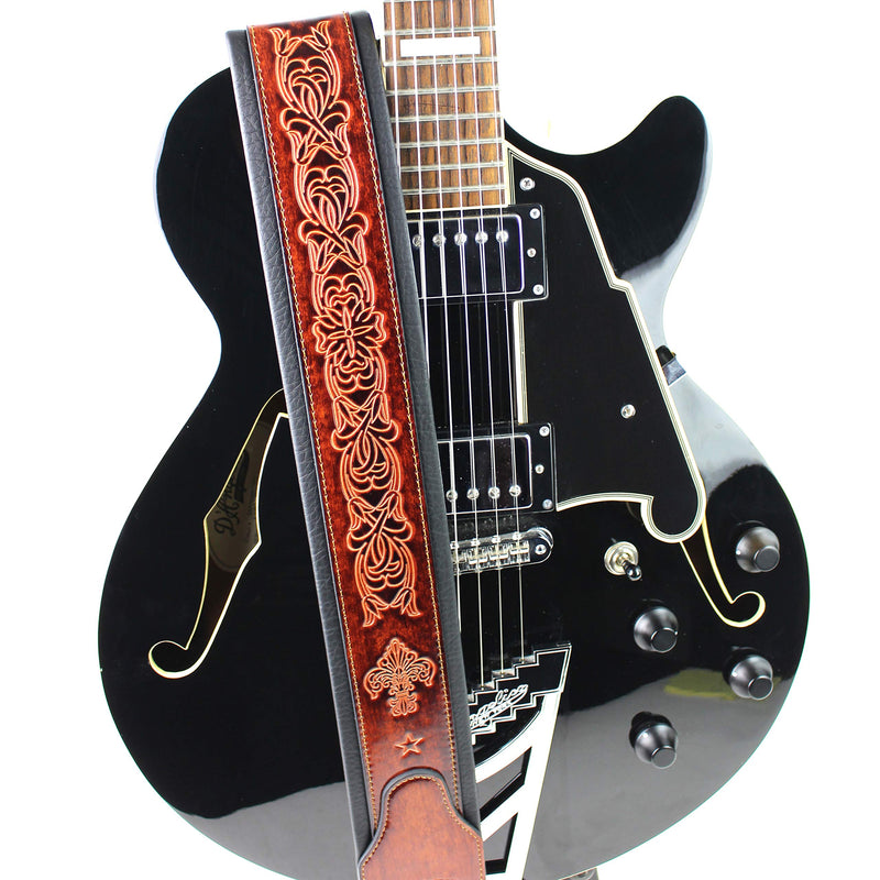 Walker And Williams GB-22 Bourbon Brown Padded Leather Strap with Fleur De Lis & French Chain Design