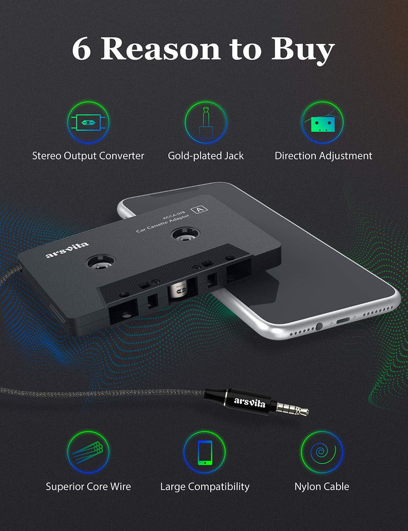 [AUSTRALIA] - arsvita Car Audio Cassette to Aux Adapter with Upgrade 3.5 MM Aux Plug, Auxiliary Nylon Cable Tape Adapter, Black 