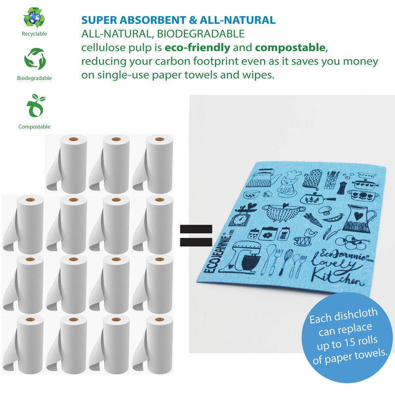 (20 Pack) EcoJeannie Eco-Friendly Reusable German Cleaning Cloth 100% Biodegradable Cellulose Sponge Cloths, Kitchen Cloths, GMO-Free- Made in Germany Packaged in P.R.C. 20