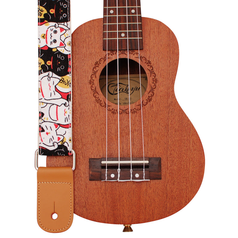 MUSIC FIRST Original Design “Fortune Cats (Maneki Neko)” Soft Cotton & Genuine Leather Ukulele Strap Ukulele Shoulder Strap