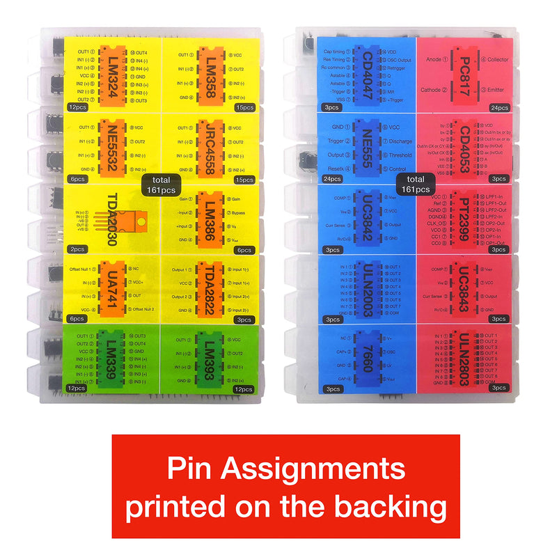 EEEEE IC kit 161 pcs, 20 Models Chip Assortment Set Analog Integrated Circuits Electronics Parts Opamp Pack, 555 Timer Components, Op Amp, Oscillator, Pwm, IC Plier Included UA741 LM358 and More.