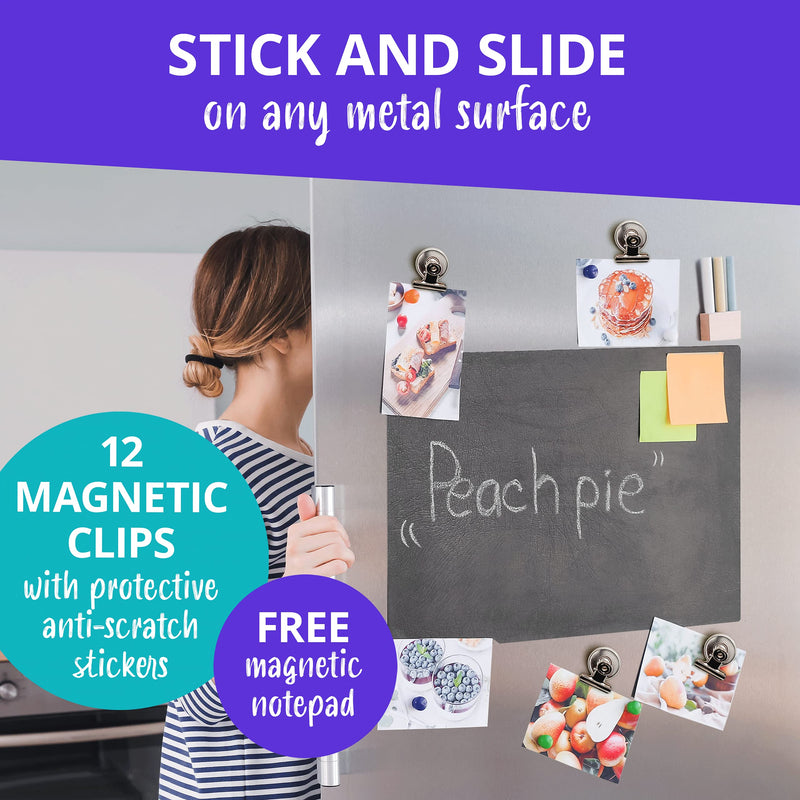 Papercode 12 Strong Scratch-Free Refrigerator Magnet Clips for Organizing & Decorating - Bonus Magnetic Notepad