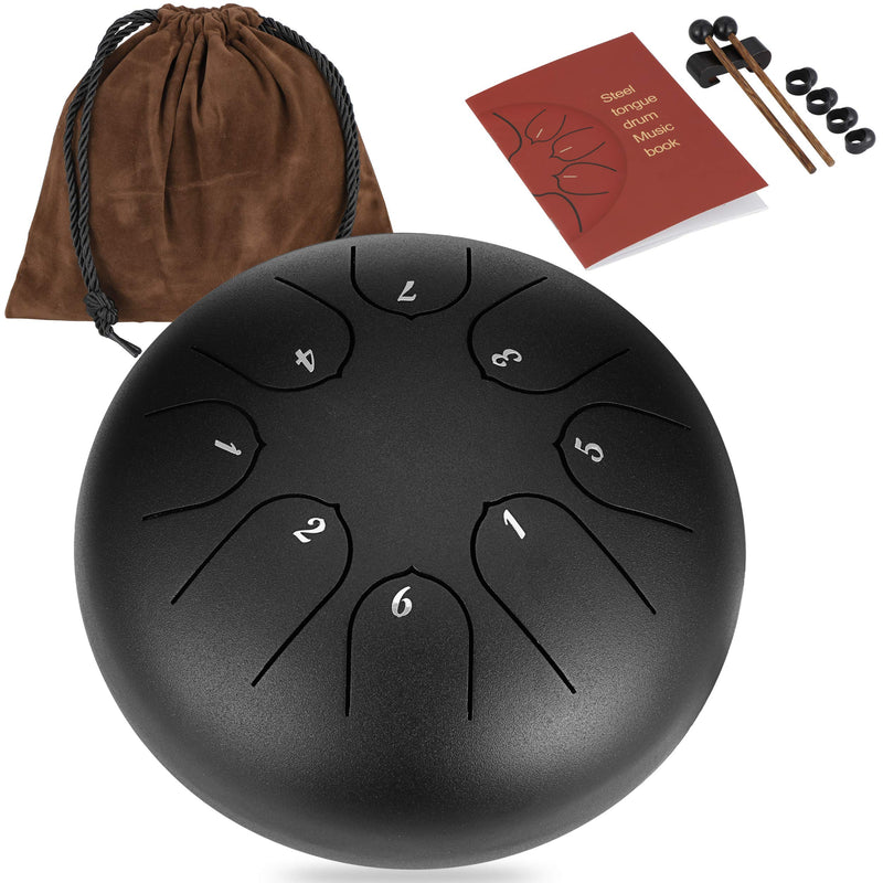 LENSUN Tongue Drum 6 Inches 8 Notes Chakra Tank Drum Hand Pan Drum Percussion Instrument with Drum Mallets and Travel Bag (Black) Black