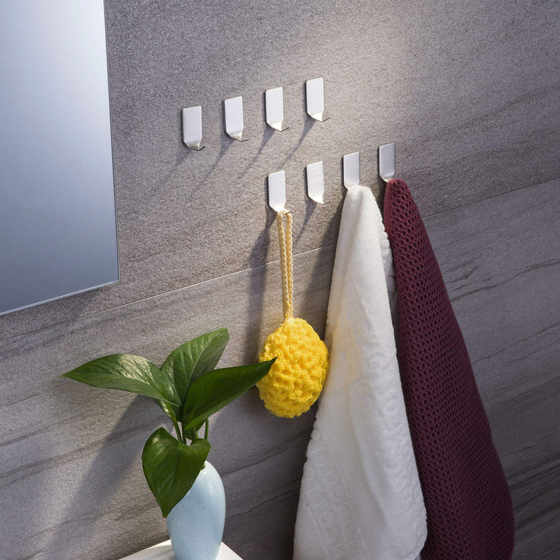 DAOYA 8 Packs Adhesive Hooks/Towel Hook - Heavy Duty Wall Hooks Stainless Steel Sticky Hooks for Kitchen Bathroom Office Silver