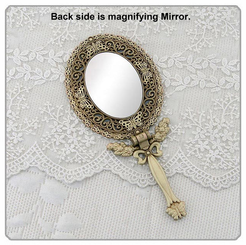 Butterfly Designed Double Sided Magnification Hand Held Makeup Metal Mirror Folding Handle Stand Travel Mirror (Large, Brass) Large