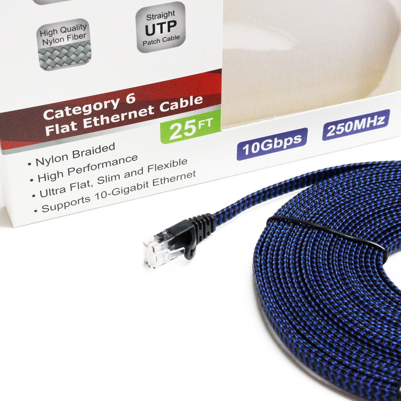 Tera Grand - 25 ft CAT6 10 Gigabit Ethernet Ultra Flat Braided Network Cable, Black/Blue, Computer Internet LAN Cable with Snagless RJ45 Connectors (25 Feet) 25 Feet